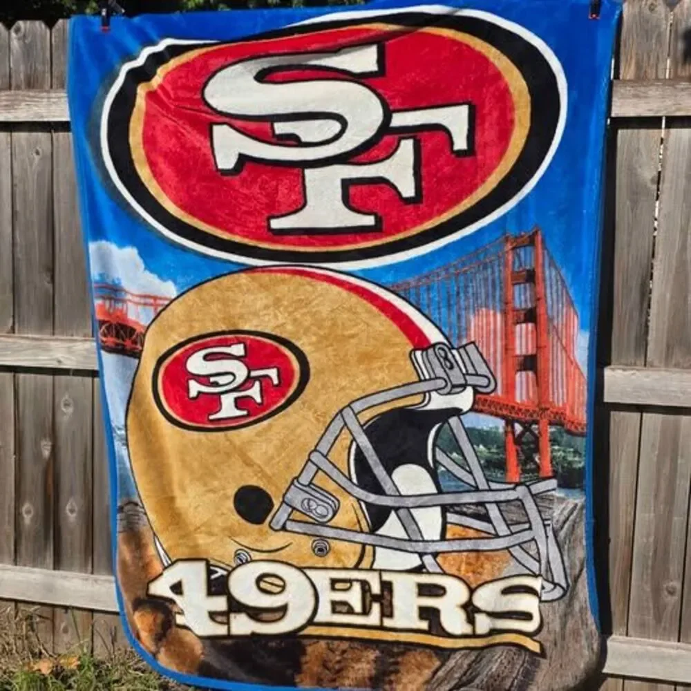 Vintage San Francisco 49ers Plush Fleece Blanket Golden Gate Bridge Helmet